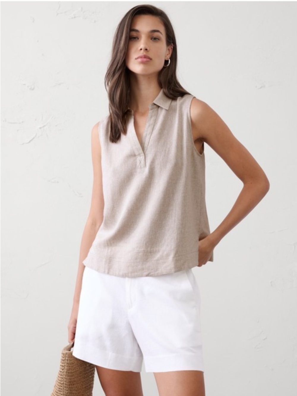 NWT Banana Republic Linen-Blend Popover Top, Flax